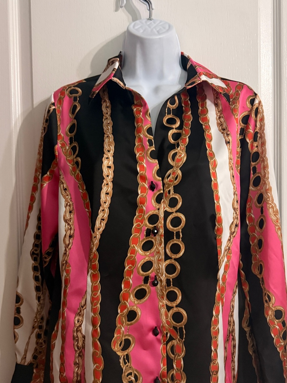 Cache Colorblock Chain-Print Blouse in Black, Pink & Gold